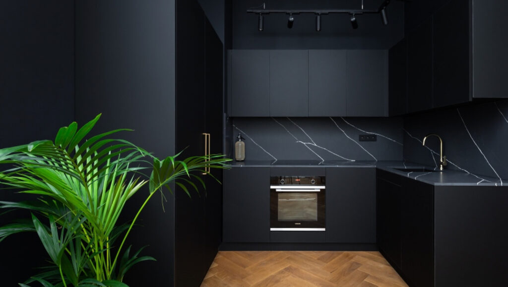 Czary z białą żyłą Blat kuchenny z konglomeratu Poetic Black Technistone