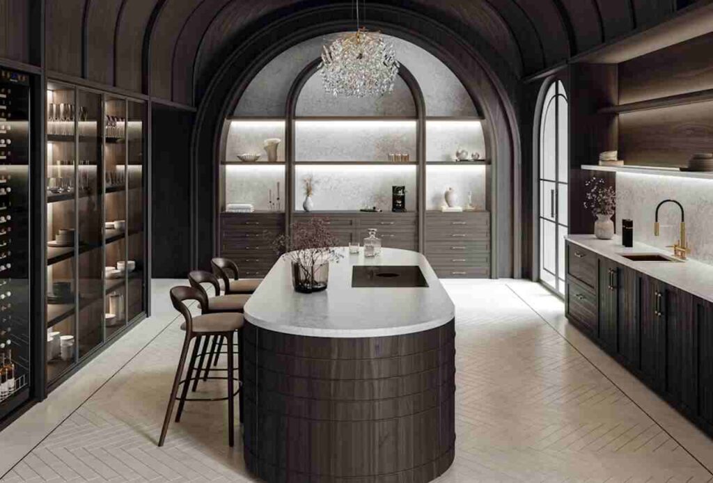 Kuchnia z blatem kuchennym z konglomeratu Silestone Riviere Rose wykonanym przez firmę Merkam z Łodzi, elegancka aranżacja wnętrza z materiałów premium