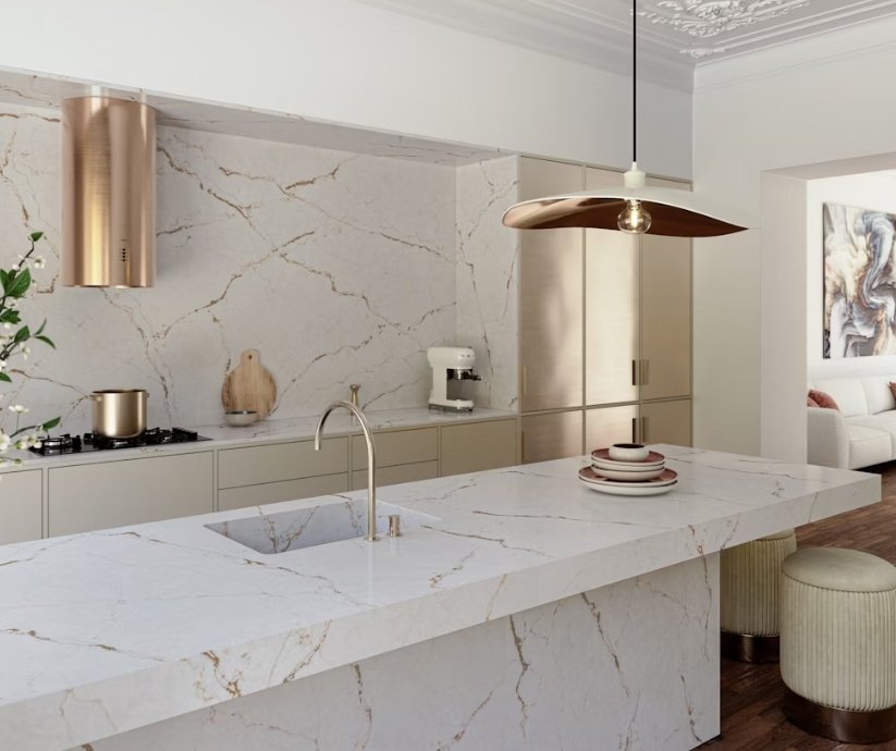 Jaki Blat do Kaszmirowej Kuchni w Łodzi. Blat z konglomeratu Versailles Ivory Silestone