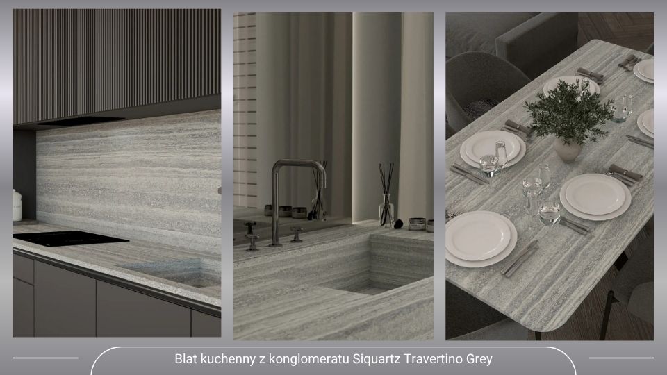 Blat kuchenny z konglomeratu Siquartz Travertino Grey.