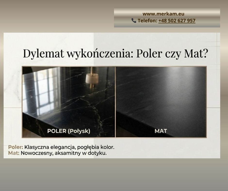 Kolekcje Technistone w Łodzi – wzory i kolory 2026  Jak wybrać kolor i wykończenie płyty, Poler vs Mat. Blat kuchenny polerowany czy matowy opinie 2026. Technistone poler vs mat różnice w utrzymaniu czystości. Ciemny blat z konglomeratu matowy czy z połyskiem do małej kuchni. Doradztwo w wyborze blatu Technistone Merkam Łódź. Najlepsze wykończenie blatu do kuchni z oknem południowym