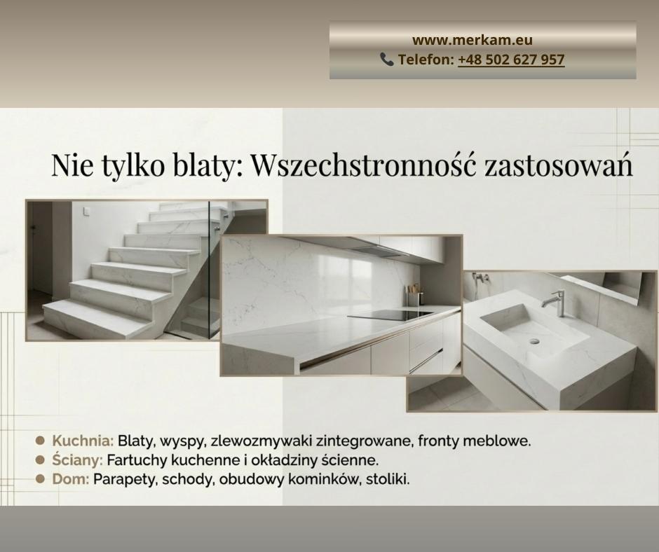Kolekcje Technistone w Łodzi – wzory i kolory Zastosowania. Schody z konglomeratu kwarcowego Technistone Łódź cena. Zintegrowany zlew z blatem łazienkowym Technistone realizacje. Okładziny ścienne z konglomeratu do kuchni zamiast płytek. Parapety z konglomeratu na wymiar Merkam Łódź. Obudowa kominka z białego konglomeratu Technistone inspiracje.