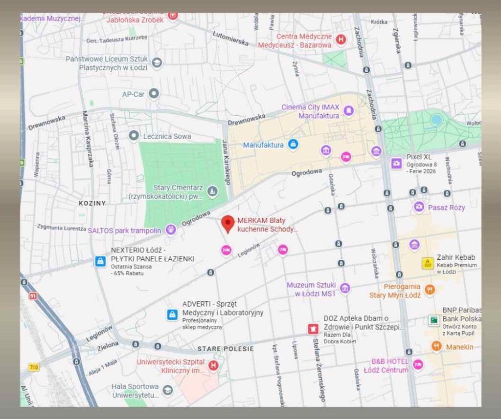 Mapa dojazdu do Merkam Łódź – blaty Technistone, schody i parapety. Bezpośredni wykonawca w Łodzi, ul. św. Jerzego 9.