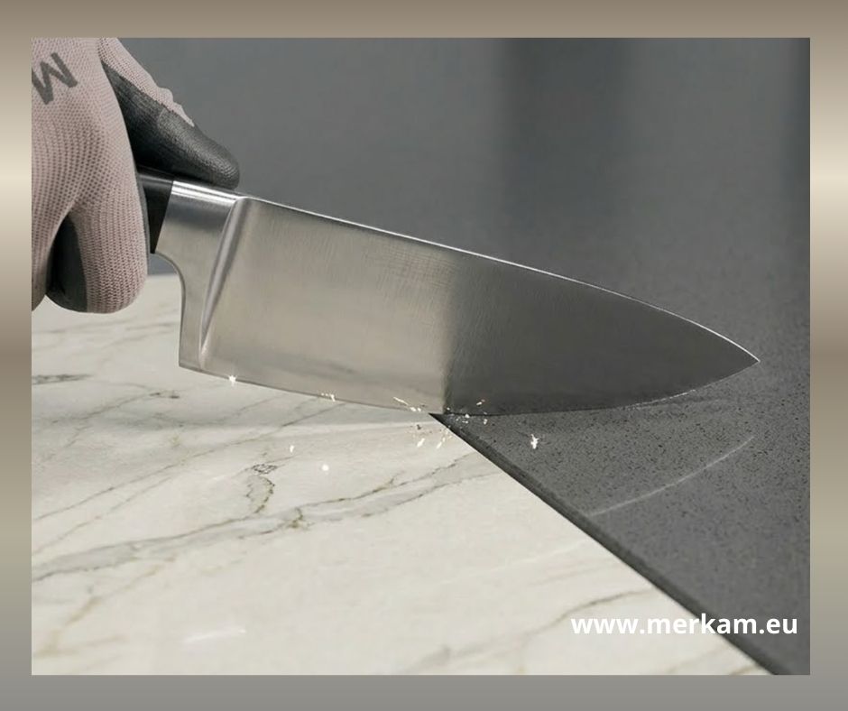 Jaki blat kuchenny wybrać? granit, konglomerat, marmur spiek. Test odporności na zarysowania: Granit, Konglomerat, Marmur, Spiek | Merkam Łódź