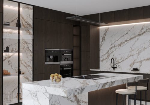 blat kuchenny z wyspą z konglomeratu Bronze Coast Technistone / Merkam